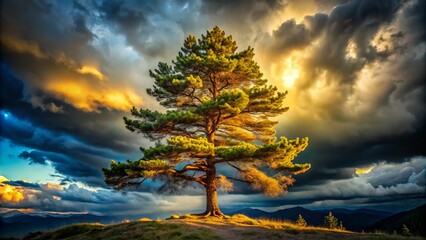 Majestic evergreen tree stands tall against the moody stormy sky with veins of gold and ultramarine, lush foliage blurred, eye-level shot,  