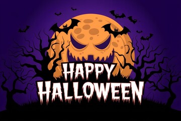 Halloween background with Evil Full Moon and bats
