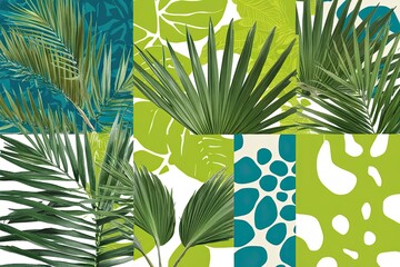 Modern Tropical Palm Frond Collage with Lime and Cerulean Summer Designs