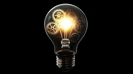 A bright idea visualized through a glowing light bulb floating above joining gears, representing innovation and the power of technology in driving new concepts, all set against a sleek black