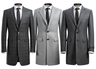 Three black and white men's coats with different designs, displayed in a row with front and back views