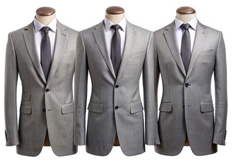 Three grey suits are displayed on mannequins. Each suit is shown from the front, side, and back