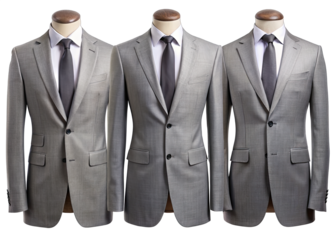 Three grey suits are displayed on mannequins. Each suit is shown from the front, side, and back