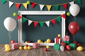 Festooned Frame with Flags and Balloons for Festa Junina in 3D Setup