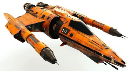 A sleek, small orange spacecraft designed as a futuristic fighter spaceship, isolated on a clean white background, perfect for sci-fi themes, space explorations, or futuristic technology designs