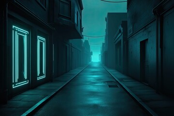 Fototapeta premium Secluded Dark Street with Cyan Shadows and Neon Light Accents