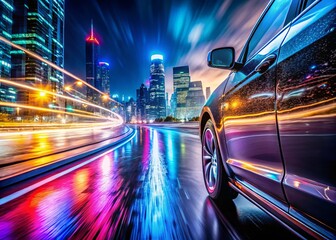 Fototapeta premium Rap beats reverberate off chrome curves as gleaming tires speed by, cityscape blurred in the background, neon lights reflecting off wet pavement