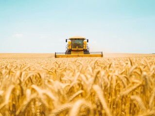 Obraz premium A bright yellow combine harvester working through a golden wheat field under a clear sky, captured from a low angle, showcasing the vastness of the farmland