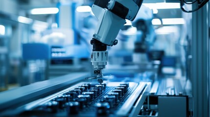 A robotic arm assembling components in a high-tech manufacturing facility, with precise movements and advanced machinery visible, highlighting the role of robotics in modern industry