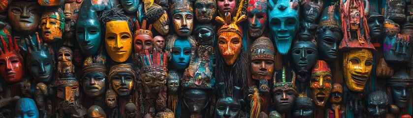 A dense collection of colorful, diverse cultural masks and sculptures, tightly packed together, shot from a frontal angle, emphasizing cultural diversity and detail