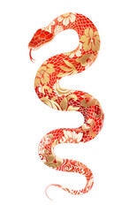 Fototapeta premium Simple red gold snake with floral ornament on skin in Chinese art style. Asian New Year 2025 isolated clipart