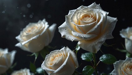 photo of a beautiful shiny white rose flower with a black background made by AI generative