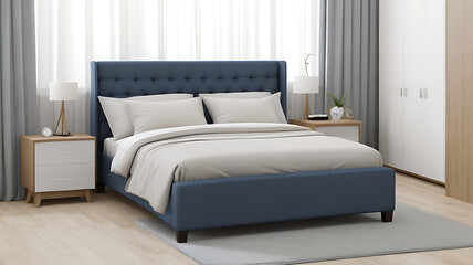 A stylish bedroom with a comfortable bed, luxurious bedding, soft lighting, modern furniture, and a soothing color palette