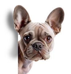 French bulldog dog peeking around the corner isolated on transparent background