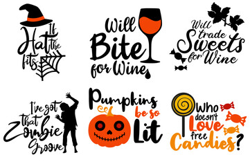 Minimal Halloween Retro Phrases, Calligraphy Bundle Vector Illustration for Decal, Bookmark, Poster