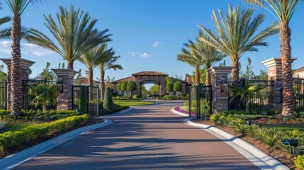 Elegant gated community entrance with palm trees