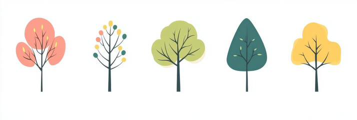 A row of trees with different colors and shapes