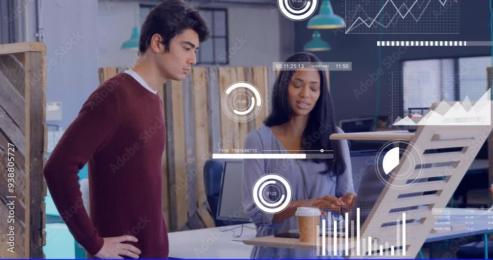 Poster discussing project in modern office with data analytics and graphs animation