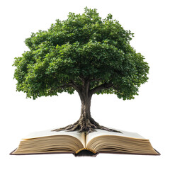 a tree growing out of an open book isolated on white background