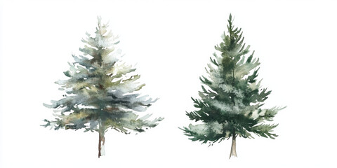 Two trees are painted in watercolor, one is green and the other is white