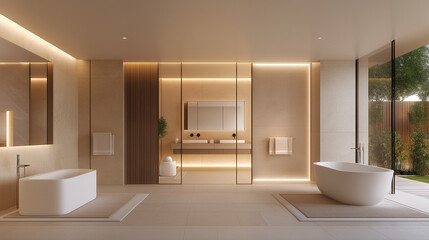 Create a hyper-realistic 4k rendering of the bathroom interior in beige colors and stone.
