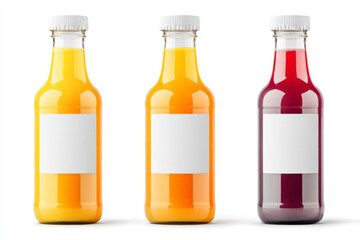 Three bottles of juice, one orange, one red, and one purple. All are clear glass bottles with white labels