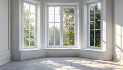 Fototapeta premium Home bay window, bright daylight, wide shot, isolate on white backgrounds