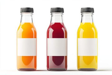 Three bottles of juice with white labels. One is orange, one is red, and one is yellow