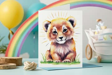 Delightful Watercolor Illustration of a Baby Cub in Sunlight and Rainbow Ideal for Party Invitations and Baby Shower Decorations