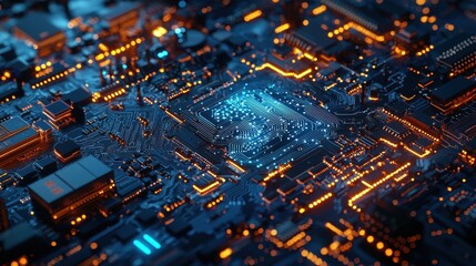 A detailed close-up of a circuit board with AI chipsets, surrounded by a futuristic digital environment, the board glowing with blue light, representing the core of intelligent technology and