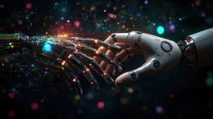 A robotic hand and a human hand coming together in a symbolic gesture of collaboration, set against a backdrop of holographic data streams, neural networks, and AI-driven systems