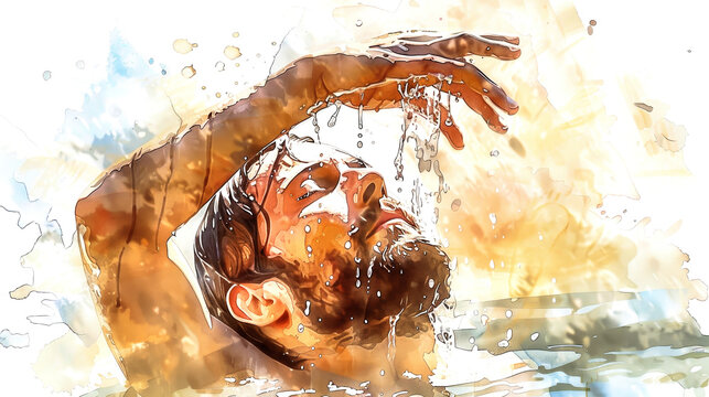 Jesus experiences baptism in the Jordan River as John gently tilts his head upward, allowing the water to flow in a moment of spiritual significance