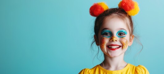 Cheerful Young Girl with Colorful Face Paint and Pom-Pom Headband Against Blue Background