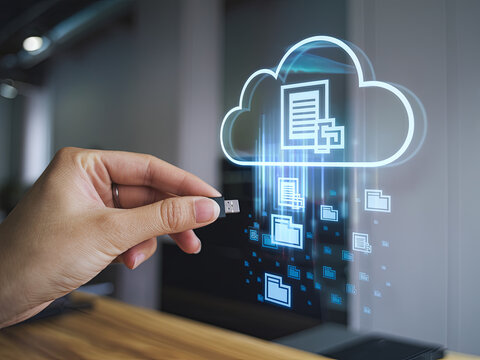 A hand holding a USB flash drive, inserting it into a holographic cloud with files and folders being transferred