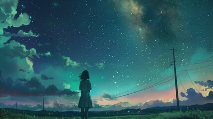 Naklejka premium lofi girl in the northern part to see Milkyway and aroura