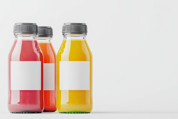 Three bottles of juice with a white label on them. The bottles are in a row and are of different colors