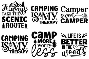 Decorative Camping Inscriptions, Typography Collection Vector Illustration for Sticker, Postcard, Icon