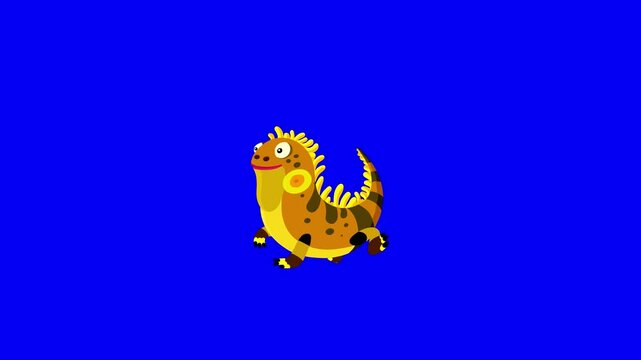 Iguana yellow color lizard animation character bluebox. Cartoon animal isolatedith blinking eyes, seamless loop walking. American creature good for keying for video background.