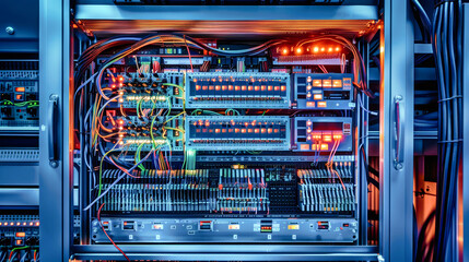 An open control cabinet reveals complex wiring and electronic equipment illuminated in vivid blue hues, offering a glimpse into modern electrical systems at work