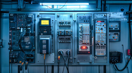 The intricate electrical control panel glows under blue lighting, showcasing numerous switches, wires, and power boards in a modern industrial setting