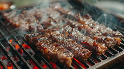 Grilled meat on a hot grill makes you feel hungry and enjoy the aroma of the food.