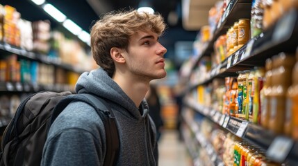 Obraz premium A young man is shopping in a grocery store