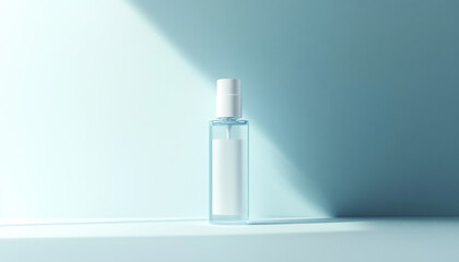 A bottle of clear liquid is sitting on a table. The bottle is empty and has a white label