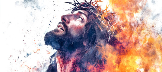 This striking artwork showcases Jesus adorned with a crown of thorns, enveloped in fierce flames, radiating a powerful spiritual presence