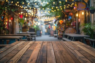 Wooden table foreground, blurry decorated street background, vibrant colors, bright lights, ample copy space, lively setting