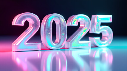 Shiny glass numbers "2025" with a holographic effect