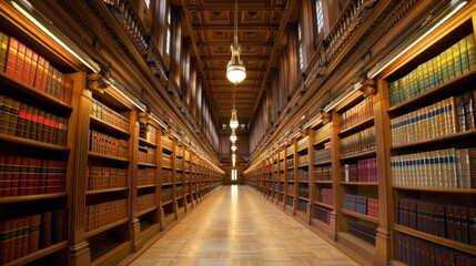 Fototapeta premium A Grand Library Hall with Bookshelves Lined on Both Sides