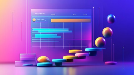 Colorful abstract data visualization with 3D elements showing growth trends and performance metrics in a vibrant digital setting.