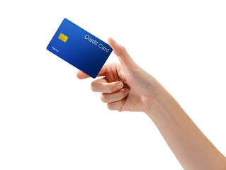 Hand holding credit card on isolated white background.
