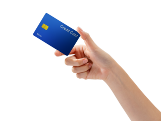 Hand holding credit card on isolated white background.